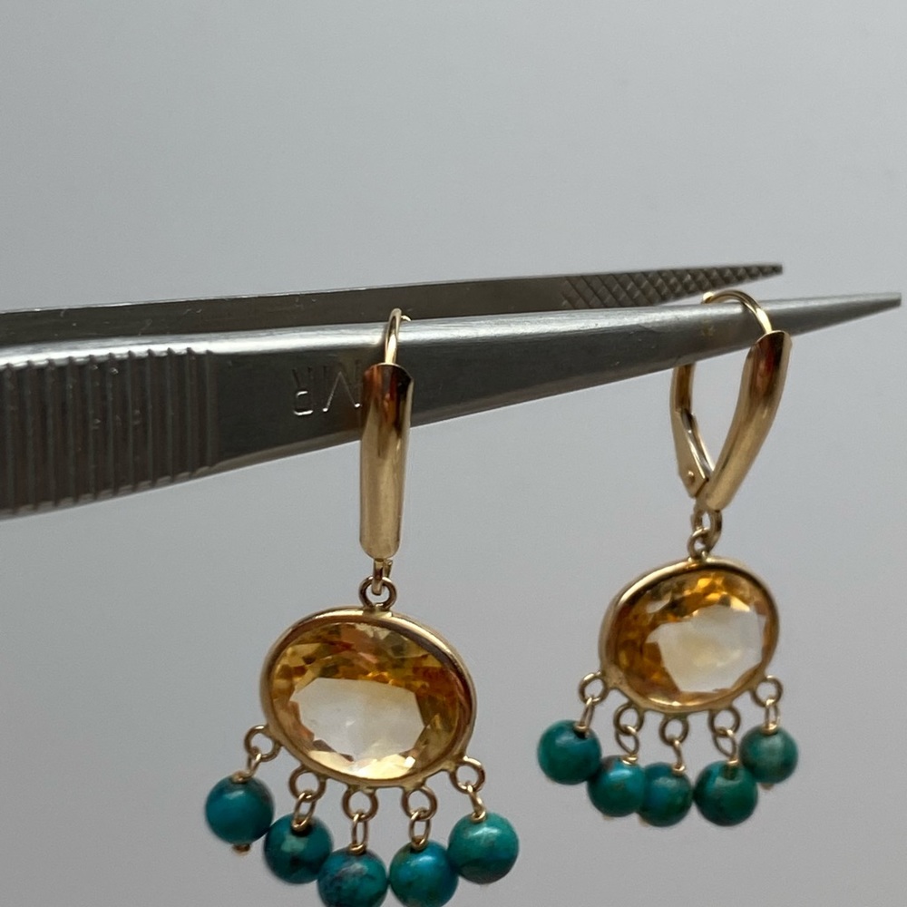 14K Yellow Gold Bezel Citrine and Turquoise Bead Dangle Leverback Earrings - Picture 12 of 15